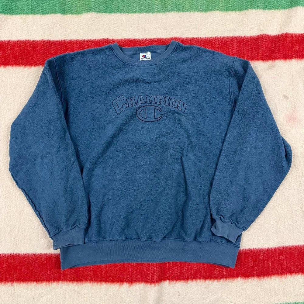 Vintage Champion Embroidered Inside Out Fleece Crewneck Sweatshirt Blue XXL 90s
